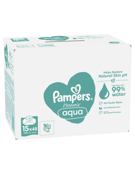 Pampers Harmonie Aqua Niisked Beebisalvrätid, 15 Pakki, 720 Niisket Salvrätikut
