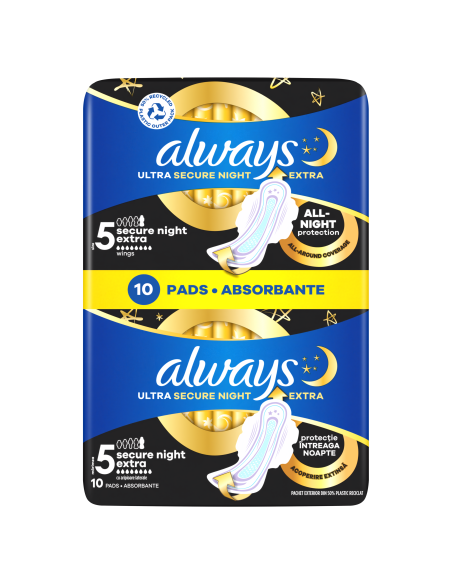 KAST 14 tk! Always Ultra Secure Night Extra Size 5 Hügieenisidemed Tiibadega, 10 tk