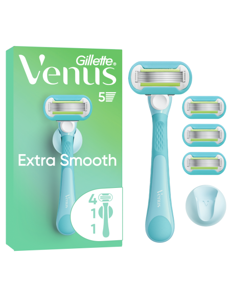 KAST 6 tk! Gillette Venus Extra Smooth raseerija, 4 vahetustera, seinahoidik