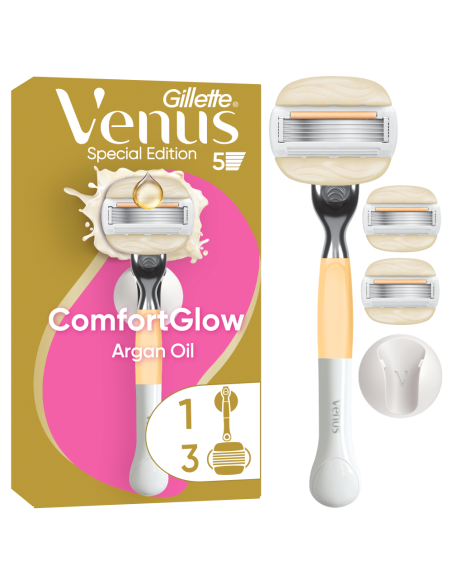 KAST 6 tk! Gillette Venus ComfortGlow Argan Oil Raseerija, 3 Vahetustera, Seinahoidik