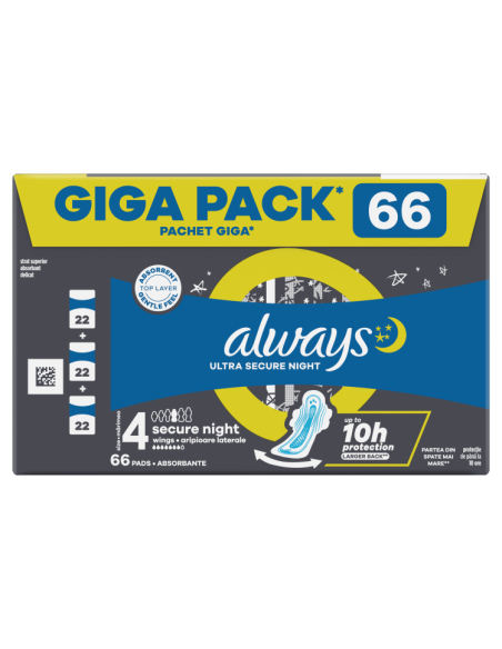 Always Ultra Secure Night hügieenisidemed tiibadega 66 tk (suurus 4)