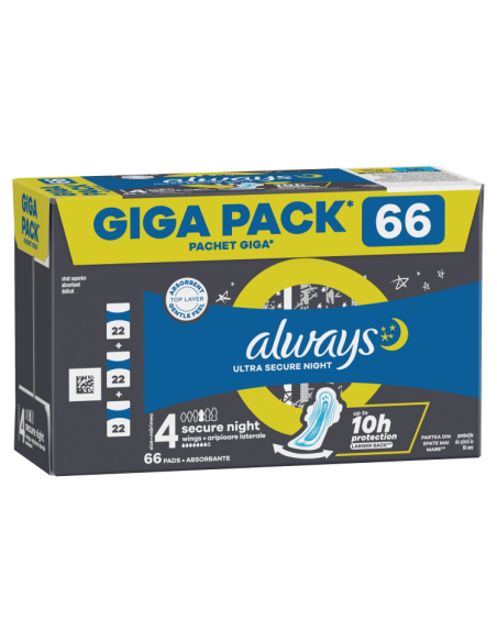 Always Ultra Secure Night hügieenisidemed tiibadega 66 tk (suurus 4)