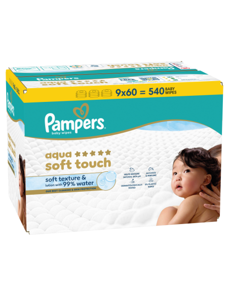 Pampers Aqua Soft Touch niisked beebisalvrätid 9 pk (540 tk)