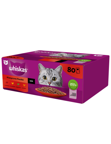 WHISKAS hõrgutised (80x85g) Classic Meals Märgtoit Täiskasvanud Kassidele Kastmes (veiseliha, kana, lambaliha, linnuliha)