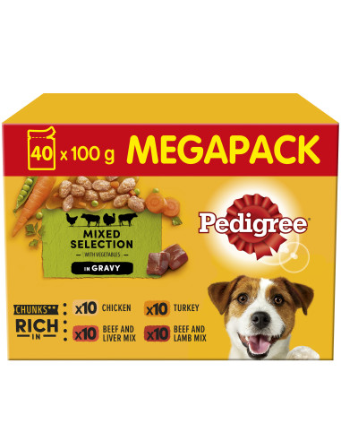 PEDIGREE Märg Koeratoit Kastmes (40x100g) Kalkun, Lammas, Veiseliha, Kana