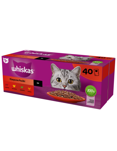 WHISKAS hõrgutised (40x85g) märgtoit täiskasvanud kassidele kastmes (veiseliha, kana, lambaliha, linnuliha)