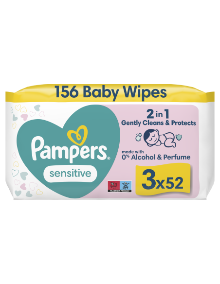 Pampers Sensitive Niisked Beebisalvrätid, 3 Pakki, 156 Niisket Salvrätikut