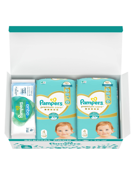 Pampers Premium Care Mähkmed, Suurus 4, 9-14 kg, 104 Mähet + KINGITUS Harmonie Aqua 48 Niisket Salvrätikut