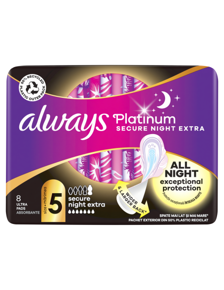 KAST 8 tk! Always Platinum Secure Night Extra Size 5 Hügieenisidemed Tiibadega, 8 tk 